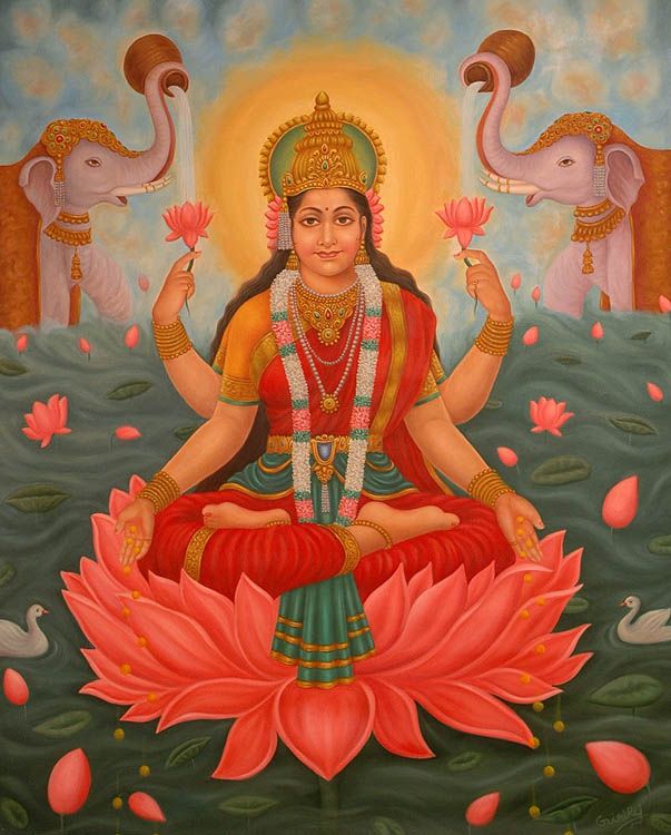 The Hindu goddess Mata Lakshmi Ji seated upon a lotus throne in lotus position, a classical meditation pose