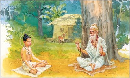 An artistic representation of the yoga sage Patanjali, and a student